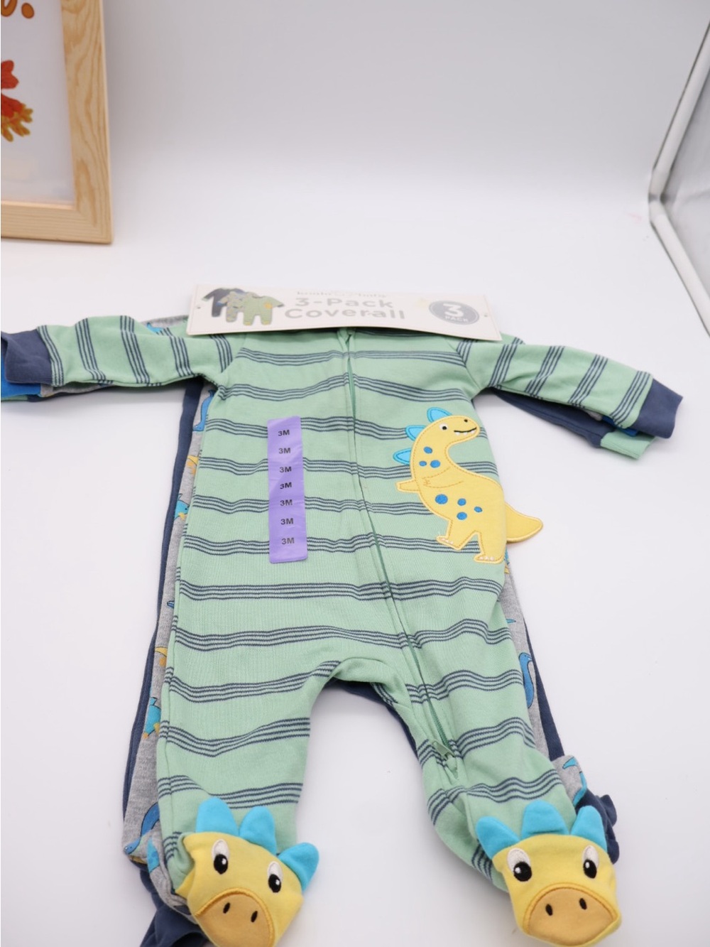 Green Striped Dino Footed One-Piece Coverall for Kids 3 months